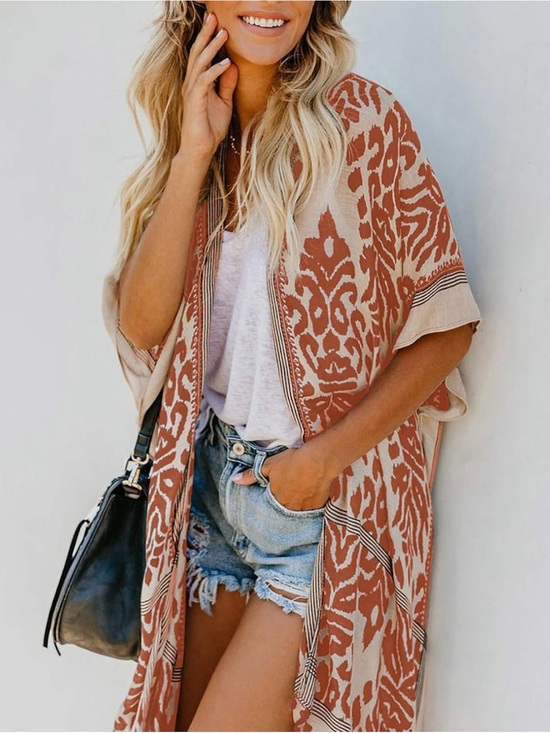 Bsubseach Sweaters - 2/30$ NWOT Terracotta & Cream Patterned Boho Kimono-Beach Cover Up
